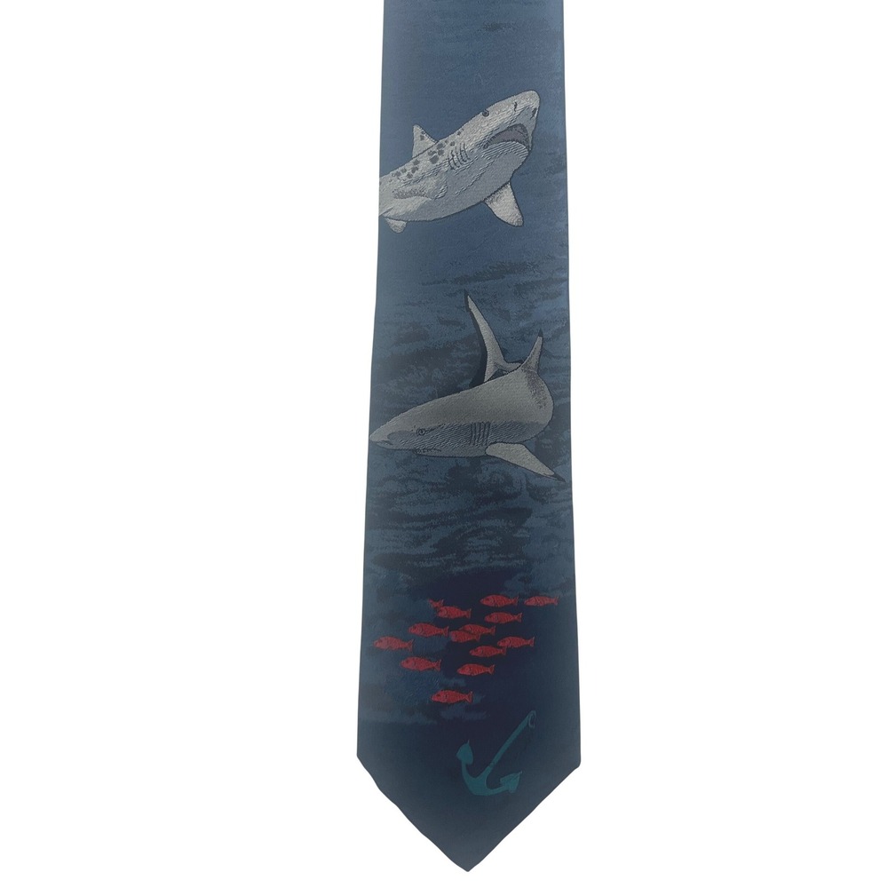 Animal Kingdom Blue Great White Shark Fish Tie Nautical Ocean Motif Novelty 90's